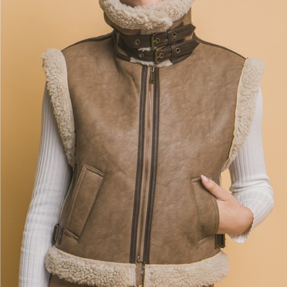 Brown Faux Shearling Vest with Cream Trim - Picture 1 of 3